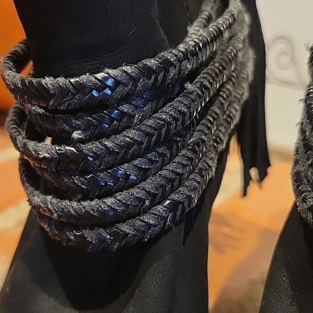 BCBGeneration open toe fringe black 3 1/2 in heel ankle boots with braid details